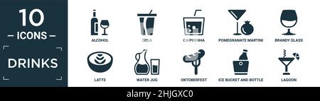 Gefüllte Getränke Icon Set. Enthalten flachen Alkohol, Cola, Caipirinha, Granatapfel martini, Brandy Glas, Latte, Wasserkrug, oktoberfest, Eiskübel und Flasche Stock Vektor