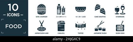 Gefüllte Lebensmittel Symbol-Set. Enthalten flach geben einen Burger, Gewürze, Melone Scheibe, Kuchen Grafik, Gläser, japan Sushi und Essstäbchen, Canjica, Toffee, Japane Stock Vektor