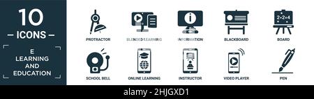 Gefüllte e Lernen und Bildung Symbol-Set. Enthalten flache Winkelmesser, Blended Learning, Informationen, Tafel, Tafel, Schulglocke, Online-Lernen, ins Stock Vektor