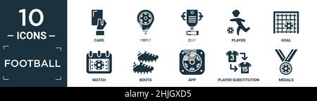 Gefüllte Fußball-Symbol-Set. Enthalten flache Karte, Punkt, Tasse, Spieler, Tor, Spiel, Stiefel, App, Spielerersatz, Medaillen-Symbole in editierbarem Format. Stock Vektor