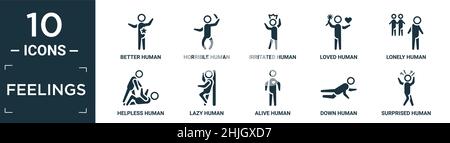 Gefüllte Gefühle Icon-Set. Enthalten flach besser menschlichen, schrecklichen menschlichen, genitteten menschlichen, geliebt einsam hilflos faul lebendig unten überrascht Icons in editabl Stock Vektor