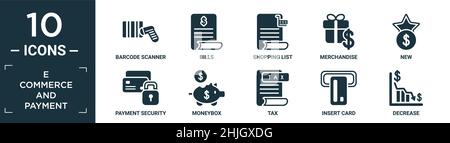 Gefüllte E-Commerce und Zahlung Icon-Set. Enthalten flachen Barcode-Scanner, Rechnungen, Einkaufsliste, Ware, neu, Zahlungssicherheit, Geldbox, Steuer, einfügen Stock Vektor