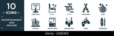 Gefüllte Unterhaltung und Arcade-Symbol-Set. Enthalten flache Spiel über, Flipper, Tetris, Lichtschwert, Club, festival, Arcade-Spiel, Bowling Pins, Spiel, Surfbo Stock Vektor