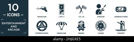 Gefüllte Unterhaltung und Arcade-Symbol-Set. Enthalten flache Wasserpistole, Domino, Rennen, Shooter, Handheld-Spiel, Lenkrad, Paraplane, Minion, Casino, c Stock Vektor