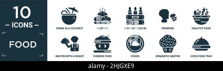 Gefülltes Lebensmittel Icon Set. Enthalten flaches Getränk in einer Kokosnuss, Wonton, Weinflaschen in einer Box, Trinken, gesundes Essen, Kellner mit einem gebratenen Huhn, chinesisches Foo Stock Vektor