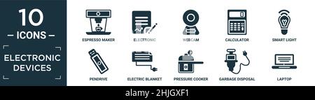 Gefüllte elektronische Geräte Icon-Set. Enthalten flache Espressomaschine, elektronische, Webcam, Rechner, Smart Light, Hängend, elektrische Heizdecke, Druck coo Stock Vektor