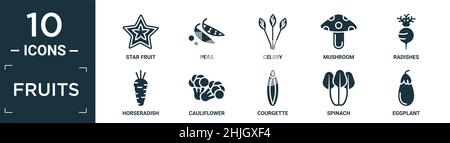 Gefüllte Früchte Icon Set. Enthalten flache Sternfrüchte, Erbsen, Sellerie, Pilze, Radieschen, Symbole für Meerrettich, Blumenkohl, Zucchini, Spinat, Auberginen in edi Stock Vektor