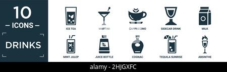 Gefüllte Getränke Icon Set. Enthalten flachen Eistee, martini, Cappuccino, Beiwagen Getränk, Milch, Minzjulep, Saftflasche, Cognac, Tequila Sunrise, Absinth ic Stock Vektor