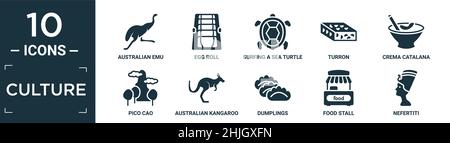 Gefülltes Kultur-Icon-Set. Enthalten flache australische emu, Eierrolle, Surfen einer Meeresschildkröte, Turron, Crema catalana, Pico cao, australisches Känguru, Knödel Stock Vektor