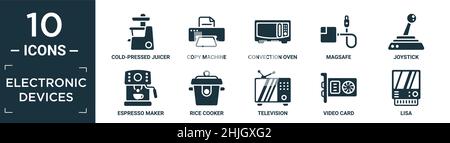 Gefüllte elektronische Geräte Icon-Set. Enthalten flachen kaltgepressten Entsafter, Kopierer, Konvektionsofen, magsafe, Joystick, Espressomaschine, Reiskocher, t Stock Vektor