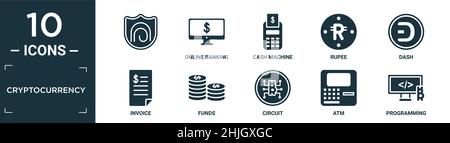 Gefüllte Kryptowährung Icon-Set. Enthalten flach, Online-Banking, Geldautomat, Rupie, Strich, Rechnung, Guthaben, Stromkreis, geldautomat, Programmiersymbole in editierbarer Form Stock Vektor