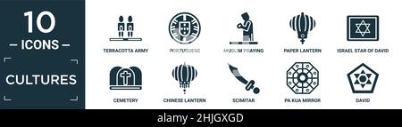 Gefüllte Kulturen Icon-Set. Enthalten flache Terrakotta-Armee, portugiesisch, muslimische beten, Papier Laterne, israel-Stern von david, Friedhof, chinesische Laterne, sc Stock Vektor