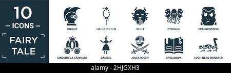 Gefülltes Märchen Icon Set. Enthalten flachen Ritter, Zauberspiegel, Tier, cthulhu, frankenstein, cinderella-Kutsche, Dame, fröhlicher roger, Spellbook, loch Stock Vektor