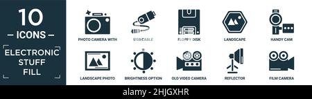 Gefüllte elektronische Sachen füllen Icon-Set. Enthalten flache Fotokamera mit Blitz, usb-Kabel, Diskette, Landschaft, handliche Kamera, Landschaftsfoto, Helligkeit Stock Vektor