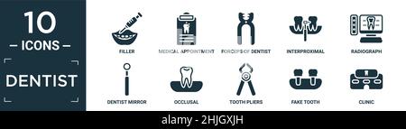 Gefülltes Zahnarzt Icon Set. Enthalten flache Füllstoff, medizinische Termin, Zepern von Zahnarzt-Werkzeuge, interproximal, Röntgenbild, Zahnarzt Spiegel, okklusal, Toot Stock Vektor