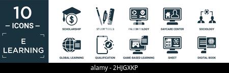 Gefülltes e Learning Icon Set. Enthalten flache Stipendium, Studienwerkzeuge, Paläontologie, Kindertagesstätte, Soziologie, Globales Lernen, Qualifikation, spielbasiert Stock Vektor