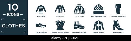 Gefüllte Kleidung Symbol-Set. Enthalten flachen Pullover, Strickjacke, Tüllrock, Strickmütze mit Pom Pom, off the shoulder Kleid, Lederschuhe, Chiffon Suffle BL Stock Vektor