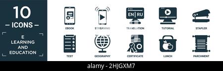 Gefüllte e Lernen und Bildung Symbol-Set. Enthalten flache ebook, Streaming, Übersetzung, Tutorial, Hefter, Test, Geographie, Zertifikat, Mittagessen, Parchmen Stock Vektor