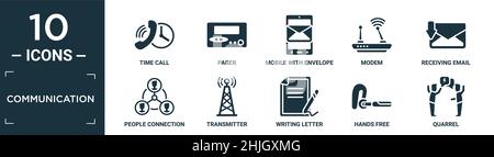 Gefüllte Kommunikations-Symbol-Set. Enthalten Flattime-Anruf, Pager, Handy mit Umschlag, Modem, E-Mail-Empfang, Personenverbindung, Sender, Schreiben le Stock Vektor