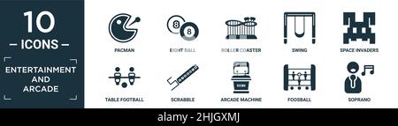 Gefüllte Unterhaltung und Arcade-Symbol-Set. Enthalten flache pacman, acht Ball, Achterbahn, Schaukel, Space Invaders, Tischfußball, Scrabble, Arcade-mac Stock Vektor