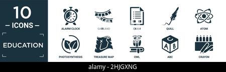 Gefüllte Bildung Symbol-Set. Enthalten flachen Wecker, Girlande, Prüfung, Quill, Atom, Photosynthese, Schatzkarte, Eule, abc, Buntstifte Symbole in bearbeitbarer Form Stock Vektor