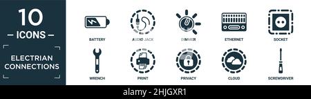 Gefüllte elektrianische Anschlüsse, Symbolsatz. Enthalten einen Akku, eine Audiobuchse, einen Dimmer, ethernet, eine Buchse, Schraubenschlüssel, Druck, Privatsphäre, Wolke, Schraubendreher Symbole in Stock Vektor