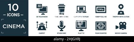 Gefülltes Kino-Icon-Set. Mit 3D-Zoll-Flachbildfernseher, Take Away Drink, Laptop mit Filmstreifen, 1080p Full hd, Trophäe mit Stern, Teppich, Studiomic, FL Stock Vektor