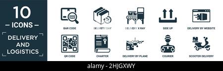 Gefüllte Lieferung und Logistik Icon Set. Enthalten flachen Barcode, Liefertag, Lieferung Röntgen, Seite nach oben, Lieferung durch Website, qr-Code, Charter, per Flugzeug, Stock Vektor