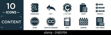 Gefüllte Inhalte Icon Set. Enthalten flaches Telefonbuch, Antwort, Copyright, Einfügen, Priorität, Andere, kreative Commons, Notiz, Wochenende, Textformat Symbole in bearbeiten Stock Vektor