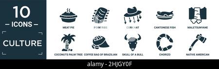 Gefülltes Kultur-Icon-Set. Enthalten flache Fleischpastete, Schweinerippchen, Korkhut, kantonesischen Fisch, Maletsunyan, Kokosnüsse Palme von brasilien, Kaffeetasche von brazili Stock Vektor