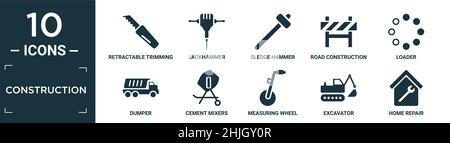 Gefülltes Bau-Icon-Set. Enthalten flach einfahrbereit Trimmmesser, Presslufthammer, Vorschlaghammer, Straßenbau, Lader, Dummer, Zementmischer, ich Stock Vektor