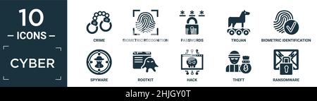 Gefüllte Cyber-Icon-Set. Enthalten flache Kriminalität, biometrische Erkennung, Passwörter, Trojaner, biometrische Identifizierung, Spyware, Rootkit, Hack, Diebstahl, Spyware Stock Vektor