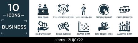 Gefüllte Business-Symbol-Set. Enthalten flache Bankerzähler, Artikel Verbindungen, Mann mit einer großen Münze, Portion Tortendiagramm, Punkte verbunden Diagramm, Hand Witz Stock Vektor