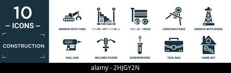 Gefülltes Bau-Icon-Set. Enthalten flaches Derrick mit tong, Treppen mit Griff, Trolley-LKW, Konstruktionen, Derrick mit Boxen, Nagelpistole, geneigt Stock Vektor