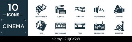 Filled Cinema Icon Set. Enthalten flachen negativen Film, Untertitel, Filmstreifen, Soundeffekt, einschalten, dvd, Fotogramme, vhs, Filmposter, Filmstar-Symbole in Stock Vektor