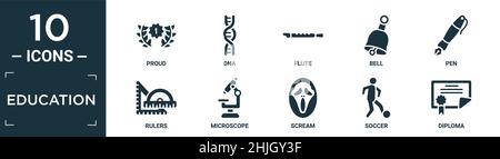 Gefülltes Education Icon Set. Enthalten flach stolz, dna, Flöte, Glocke, Stift, Lineale, Mikroskop, Scream, Fußball, Diplom-Icons in editierbarem Format. Stock Vektor