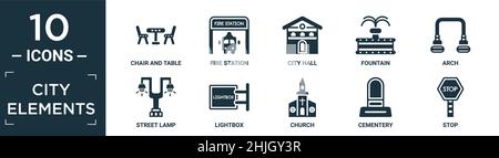 Gefülltes City Elements Icon Set. Enthalten einen flachen Stuhl und Tisch, eine Feuerwache, ein Rathaus, einen Brunnen, einen Bogen, Straßenlaterne, Leuchtkasten, Kirche, Friedhof, Stopp i Stock Vektor