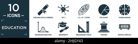 Gefüllte Bildung Symbol-Set. Enthalten flache Diplom mit einem Band, Virus, Sonnensystem, Tortendiagramm, menschliches Gehirn, gaußsche Funktion, Universität, Messung t Stock Vektor