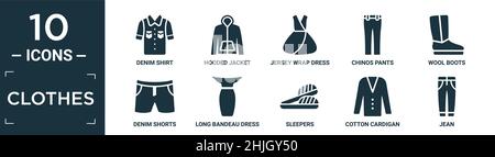 Gefüllte Kleidung Icon-Set. Enthalten flache Denim-Shirt, Kapuzenjacke, Jersey Wrap-Kleid, Chinos Hosen, Wolle Stiefel, Jeans-Shorts, langes Bandeau-Kleid, Schlaf Stock Vektor