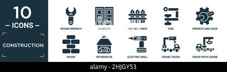 Gefülltes Bau-Icon-Set. Enthalten flachen runden Schraubenschlüssel, große Tür, Gartenzaun, Schraubstock, Schraubenschlüssel und Getriebe, Fertiger, innen de, elektrische Bohrmaschine, Kran Truc Stock Vektor