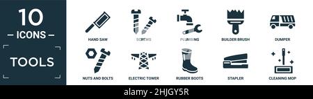 Gefüllte Werkzeuge Icon-Set. Enthalten flache Handsäge, Schrauben, Sanitär, Baumeister Bürste, Dumper, Muttern und Schrauben, elektrischer Turm, Gummimanschetten, Hefter, Reinigung Stock Vektor