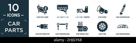 Gefüllte Autoteile Icon-Set. Enthalten flache Auto Nebelscheinwerfer, Car-Verteiler, Auto-Flügel Spiegel, Horn, Aufhängung, Verteiler, Drehstab, Radmutter, Reifen, Wind Stock Vektor