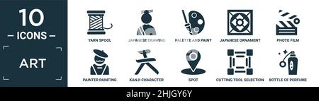 Gefüllte Kunst Icon-Set. Enthalten flache Garnspule, japanische Zeichnung, Palette und Pinsel, japanische Ornament, Fotofilm, Malermalerei, Kanji-Charakter Stock Vektor