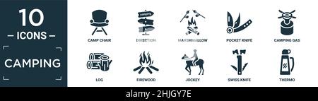 Gefülltes Camping Icon Set. Enthalten flachen Campingstuhl, Richtung, Marschmalow, Taschenmesser, Campinggas, Log, Brennholz, Jockey, schweizer Messer, Thermo-Ikonen Stock Vektor