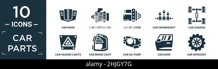 Gefüllte Autoteile Icon-Set. Enthalten flache Motorhaube, Auto-Generator, Autostarter, Kurbelwelle, Chassis, Warnblinkanlage, Bremsleuchte, Ölpumpe, Tür, zahnradpumpe Stock Vektor