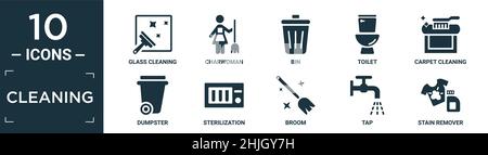 Gefülltes Reinigungssymbol-Set. Enthalten Flachglasreinigung, Charwoman, bin, Toilette, Teppichreinigung, Müllcontainer, Sterilisation, Besen, Hahn, Fleckentferner ico Stock Vektor