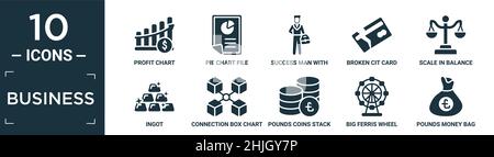 Gefüllte Business-Symbol-Set. Enthalten flache Gewinn-Chart, Tortendiagramm-Datei, Erfolgsmann mit Koffer, gebrochene Cit-Karte, Skala in Balance, Ingot, Verbindung b Stock Vektor