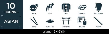 Gefülltes asiatisches Icon-Set. Enthalten flache Ninja, Kralle, tang, Knöchel, Himmelslaterne, Sticks, Bambushut, Torii-Tor, Training, Katana-Symbole in bearbeitbarer Form Stock Vektor