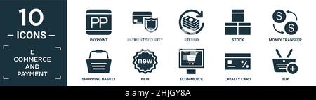 Gefüllte e-Commerce und Zahlung Symbol-Set. Enthalten flache Zahlungspunkt, Zahlungssicherheit, Rückerstattung, Lager, Geldtransfer, Warenkorb, neu, E-Commerce, loyal Stock Vektor