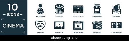 Filled Cinema Icon Set. Enthalten flache vip Person, Zoetrope, Movie Player, Ticket-Office, Premiere, Tragödie, Videoclip, Online-Film, hd-Film, Storybo Stock Vektor